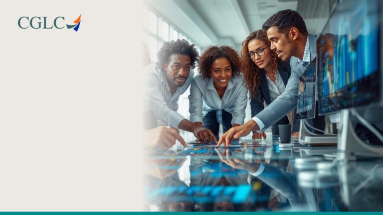 Equipe analisando dados e gráficos de inteligência artificial em um escritório