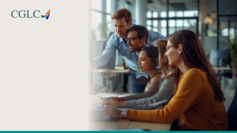 Equipe de negócios analisando indicadores de IA em telas