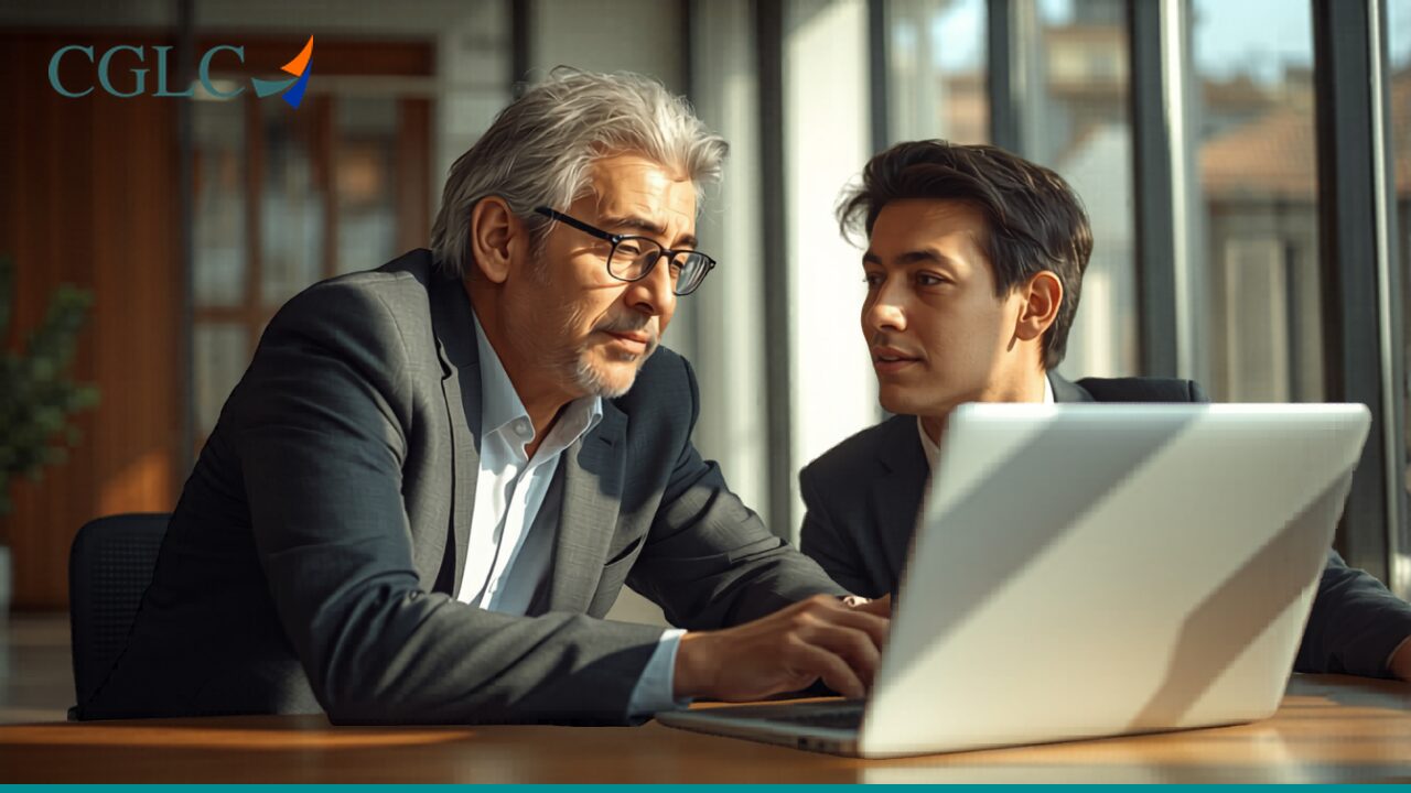 Plano de sucessão: líder experiente orientando futuro sucessor