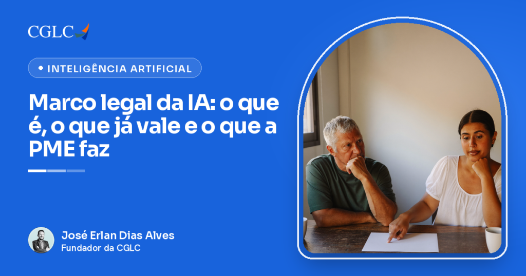 Capa em azul, assinada por José Erlan Dias Alves, com a marca CGLC e o título Marco legal da IA. Um homem de cabelo grisalho e uma mulher de blusa branca, com o punho junto ao queixo, olham para uma folha em branco sobre a mesa, onde ela aponta com o dedo.