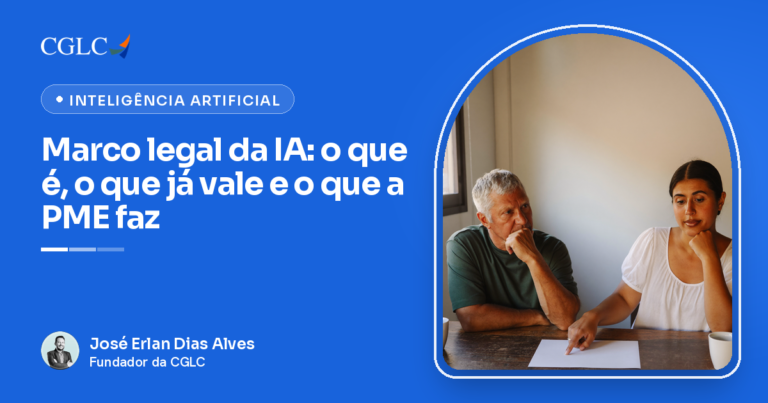 Capa em azul, assinada por José Erlan Dias Alves, com a marca CGLC e o título Marco legal da IA. Um homem de cabelo grisalho e uma mulher de blusa branca, com o punho junto ao queixo, olham para uma folha em branco sobre a mesa, onde ela aponta com o dedo.